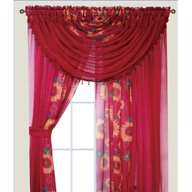 Sapphire Home Sheer Curtains - Two Tone 4 Panels Set w/Valance & Tiebacks, 55"x84", Lightweight Light-Filtering Window Curtain for Living Room, Bedroom, Kitchen, Dining Room - Sunflower/Red