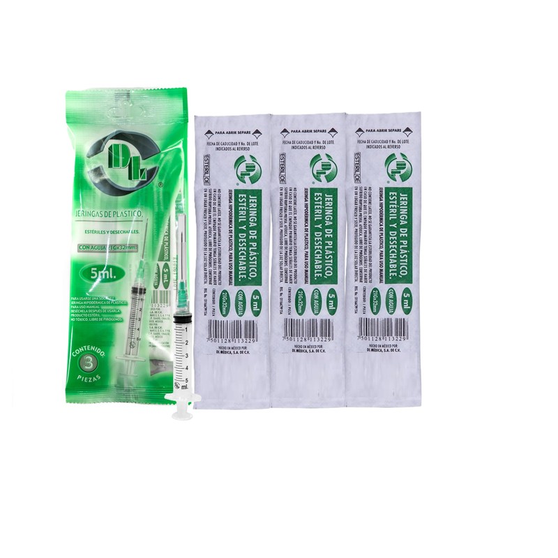 Bolsa con 3 Jeringas de Plastico DL 5ml 21Gx32mm Esteriles