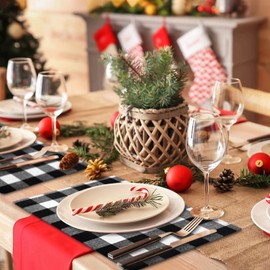 Senneny Set of 6 Christmas Placemats Buffalo Check Placemats Black White Plaid Reversible Burlap & Cotton Place mat for Christmas Holiday Table Home Decoration