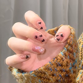24Pcs Heart Press on Nails Short Square Valentine’s Day Full Cover Fake Nails Glossy Glue on Nails French False Nails with Design Black Love Nude Artificial Stick on Nails False Nails for Women Girls
