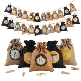 Advent Calendar for Filling, Printed Christmas Calendar, Jute Bags, 24 Large Jute Bags Chain to Fill Yourself and Hang, 2023 Gift Bags for Children (Black)