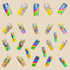 24Pcs Press on Nails Medium Coffin Fake Nails with Colorful Stripes Designs False Nails Colorful Glossy Stick on Nails Full Cover Acrylic Nails Press on Artificial Nails
