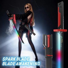 EVADA Neon LED Spark Sword with Sound and Fog, Type-C Recharge, 31.5" Glowing Ninja Blade Weapon for Kids and Adults, Toys for Cosplay, Rave and Halloween（Red）