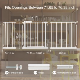 Extra Wide Baby Gate with Door Pressure Mounted 71.65-76.38 Inch,Child Baby Gates for Doorways No Drilling,Walk Through Dog Gate Indoor for The House Kitchen Stairs,White