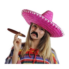 IDEALGIFTSHOP 1X PINK MEXICAN SOMBRERO HATS PLUS 1X MOUSTACHE PLUS 1X FAKE JUMBO CIGAR STRAW