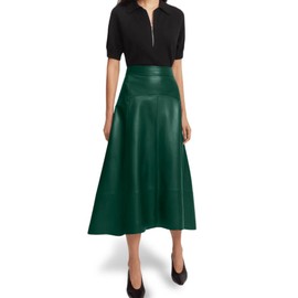 Jild Real Lambskin Leather Skirts for Women High Waist Classical Mid Length Going Out Skirt with Stylish Patchwork (Skirt-Green-XL)