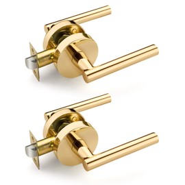 Bonpoly 2 Pack Gold Door Handles, Interior Door Knobs, Polished Brass Finish, Keyless Closet Door Knobs, Passage Door Knobs Without Lock, Lever Door Handle, Reversible for Left/Right Handed Doors