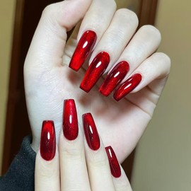 Red Press on Nails Square Medium Fake Nails Wine Red Cat Eye False Nails Long Coffin Glitter Artificial Acrylic Nails Glossy Gel Glue on Nail Press ons for Women Manicure 24pcs