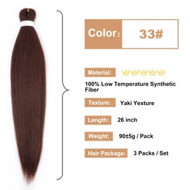 Chocolate Brown Braiding Hair Pre Stretched 26 Inch 3 Packs 33# Pre-stretched Braiding Hair EZ Braid Synthetic Hair Extensions for Crochet Box Braids