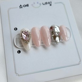 Pink Flower PartyHandmade Nail Tips - Coffin / 핑크 플라워 파티 수제네일팁 - 코핀