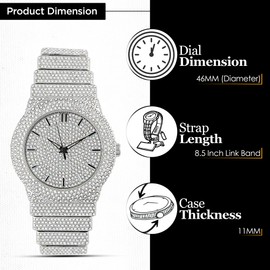 ICEDTAG Fully Iced Out Diamond Band 46MM Round Dial Gold Silver Plated Luxury Statement Watch, Cuban Link Crystal Bracelet Set (White Gold Set (Watch + Bracelet))