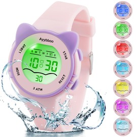 Kids Digital Watches for Girls Boys, 7 Color Lights Waterproof Watches for Kids with Alarm Stopwatch, Cute Cat Watch, Kids Present for Girls Boys Ages 5-13