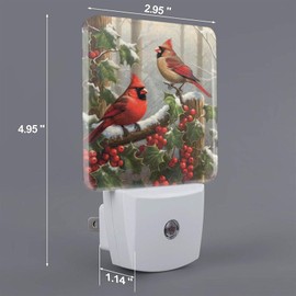 Christmas Red Birds Night Light Set of 2, Winter Snow Auto Sensor LED Dusk-to-Dawn Nightlights, Plug-in Sensor Lamp for Bedroom Bathroom Kitchen Hallway Stairs Decorative