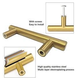 SYDARSYN 6 Pack Kitchen Cupboard Handles 50mm - Stainless Steel Cabinet Handles Gold Drawer Knobs Furniture Door T Bar Pull Handles