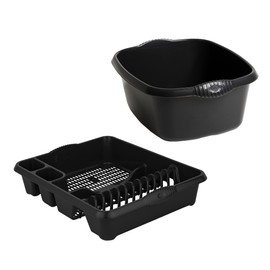TENLITE Set of 2 Large Rectangular Washing Up Bowl with Large Dish Drainer For Kitchen (Plastic) - Midnight Greyish Or Dark Grey.