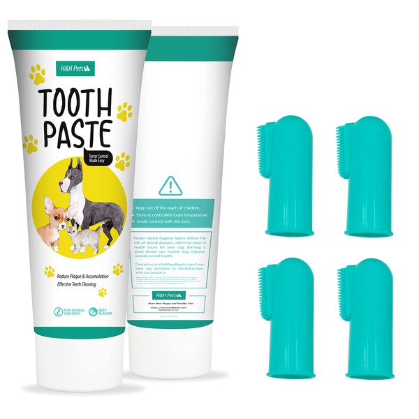 H&H Pets Dog Toothbrushes and Toothpaste Best Professional Cat & Dog Finger Tooth Brush, Dog Brush Set, Perfect for Dogs and Cats, Dog Supplies - Size Small 4 Count 3.5 Oz Toothpaste (100g)