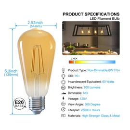 Jensense Edison LED Light Bulbs E26 LED Bulb 60 watt Equivalent Dimmable Light Bulbs 2300K Warm White (Amber Glass) Vintage 7W LED Edison Bulbs 110V 120V 800 Lumen CRI90, 4 Pack