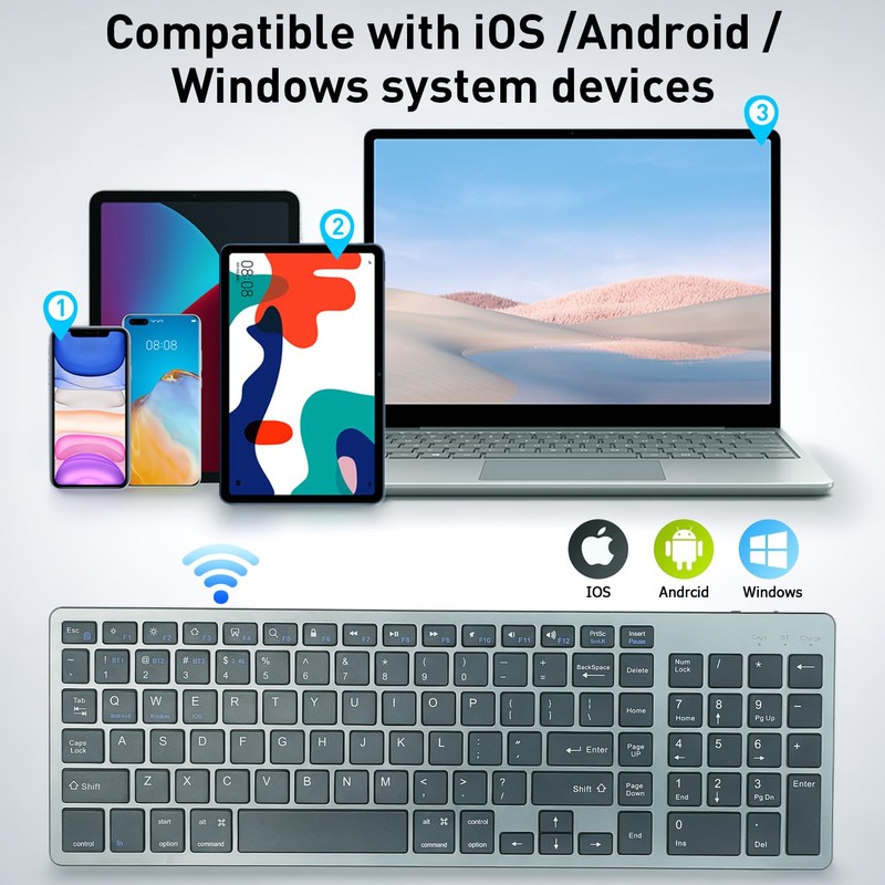 KUNSI Wireless Keyboard,Bluetooth and 2.4G USB Wireless Keyboard,Rechargeable Slim Quiet