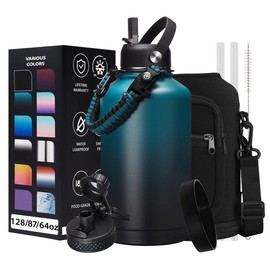32/40/64/128 OZ Vacuum Insulated Water Bottle - Keep Hot Cold Vacuum Gallon Flasks with Straw & Spout Lids, Paracord Handle, Stainless Steel Water Jug - Color: Indigo Black Gradient, Size: 64oz