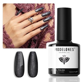 Modelones Black Gel Nail Polish, 15 ML Chameleon Black Gel Polish Holographic Nail Polish Black Shimmer Glitter Gel Polish Soak Off LED Winter Nail Art Gel DIY Salon Gift for Women