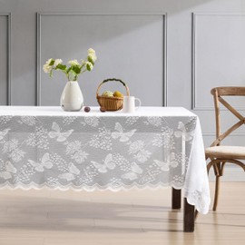 HLC.ME Butterfly Floral Lace Fabric Tablecloth, Lace Fabric Table Cloth for Rectangle Tables, Wrinkle Resistant Tablecloth, Patterned Scalloped Tablecloth (54 W x 72 L, White)