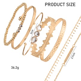 Funtery Pack of 7 Gold Bracelets, Women's Gold Chains, Stacking Bracelets, Bohemian Crystal Bracelets with Golden Tassel Bracelets, Gold Bracelets, Set for Women and Girls, Metal, No Gemstone