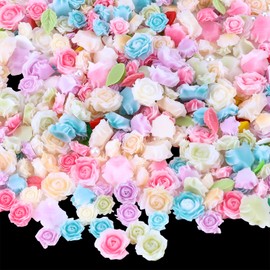 400 Pieces Camellia Flower Nail Charms for Acrylic Nails 3D Gradient Rose Floral Nail Gems Pink Green Leaf Nail Accessories White Pearls Nail Supplies for Women Nail Art Design (6 Colors Style A)