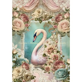 ELECTRIC QUILT COMPANY Shabby Chic Swan Lace & Roses Designer Cotton Fabric Quilt Block Multi-size - 7X10"