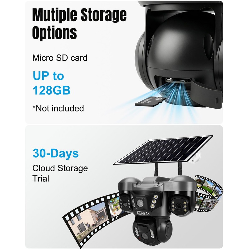 Solar Security Camera Outdoor Wireless, Triple Lens PTZ Camera, 360°