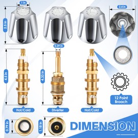 Avenuebool 3 Piece Metal Shower Knob and Ceramic Disc Cartridge Set, Compatible with Price/Pfister, Hot Cold and Diverter Faucet Handle Rebuild Kit with Shower Valve Stem(Polished Chrome)