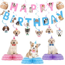 16 Pcs Dog Birthday Party Supplies, Dog Party Decorations, Puppy Birthday Party Decorations Includes 1 Dog Happy Birthday Banner, 6 Dog Hanging Cutouts, 6 Hanging Swirl Decorations and 3 Birthday Honeycomb Centerpieces for Dog Themed Birthday Party Suppl