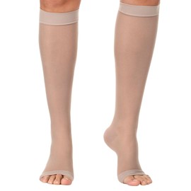 Made in USA - Sheer Compression Socks for Women 20-30mmHg with Open Toe - Toeless Graduated Support Knee High Stockings for Varicose Veins Circulation, Lymphedema, DVT - Nude, Small - A215