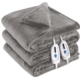McJaw Electric Heated Blanket Queen Size 84''x90'', Oversized Flannel Heating Blanket with 4 Heating Levels, 10 Hrs Auto Shut Off, Dual Controller Heated Blanket, Machine Washable, Light Grey