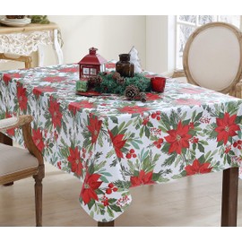Newbridge Poinsettia Flourish Contemporary Vinyl Flannel Back Christmas Tablecloth, Red Poinsettia and Berries Holiday Vinyl Tablecloth with Flannel Backing, 52 Inch x 52 Inch Square