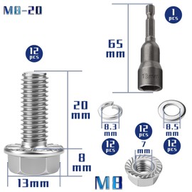TXXATX M8 x 20 mm Hex Screws M6 Screws Set Stainless Steel A2 70 Full Thread Male Hex Flange Nuts Spring Washers Magnets Hexagonal Socket for Construction Machines Pack of 12