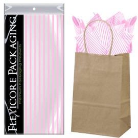 Flexicore Packaging Natural Brown Kraft Paper Gift Bags & Light Pink Gift Wrap Tissue Paper | Size: 5.25 Inch X 3.25 Inch X 8.25 Inch | Count: 5 Bags | Color: Light Pink Pin Stripe