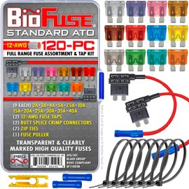 BioFuse 120 Piece Full Range Fuse Assortment & Tap Kit: 108 Standard, ATO, ATC, ATS, APR Automotive Fuses 2A 3A 4A 5A 7.5A 10A 15A 20A 25A 30A 35A 40A, 2 Taps (12V, 12AWG), Ties, Connectors, Puller