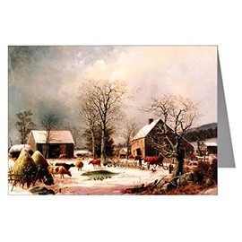 8 Currier and Ives Winter Holiday featuring, G. H. Durrie, Farmyard in Winter, 1858 Christmas Holiday Greeting Cards in a boxed set