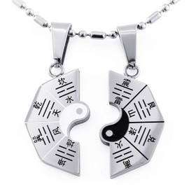 JewelryWe MatchingYin Yang BA GUA Eight Trigrams Stainless Steel Lucky Charm Pendant Necklace Set for Couple