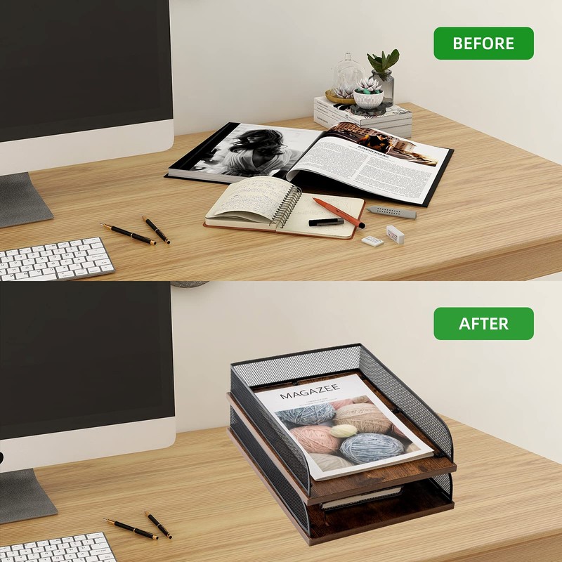 Set of 2 Vintage Wood & Metal Letter Tray，Desk Organizers