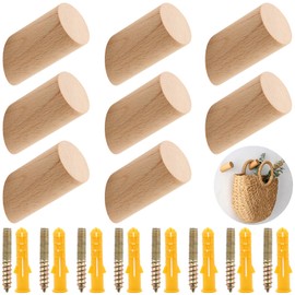 Juyibaao Pack of 8 Wooden Coat Hooks, Single Beech Coat Hooks with Screws, Wooden Hooks, Wall, Round, Multifunctional for Hallway, Living Room, Bedroom, Kitchen