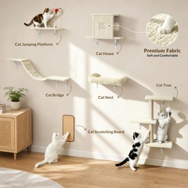 Coolsheepsia Cat Wall Shelves, 6 in 1 Cat Wall Furniture Set with Condos House, Bed, Bridge, Tree, Steps, Scratching Board, DIY Walls Playground for Indoor (Beige)