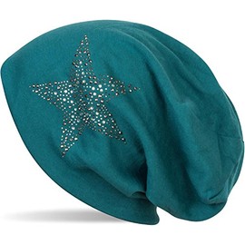 styleBREAKER 04024087 Women's Beanie Hat with Rhinestones Studs Star and Gemstones Silver Anthracite - Beanie petrol