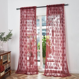 Kotile Burgundy Curtains 96 Inches Long 2 Panels Cottagecore Floral Patterned Maroon Lace Curtains for Living Room, Rod Pocket Privacy Light Filtering Sheer Curtains Christmas Decor, 52 x 96 Inch