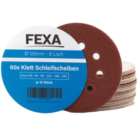 Fexa Sanding Discs 125 mm Velcro Set of 60 Velcro Sandpaper Random Orbital Sanders Round - 125 mm, 40-240 Grit, 8-Hole Sandpaper 125 mm Velcro