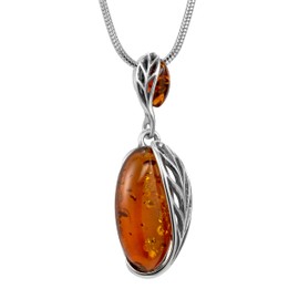 Copal Amber Necklace with 925 Silver Leaf Pendant, Adjustable Length, Environmentally Friendly, Sterling Silver, Amber