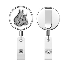 Angry Rhino Mascot Round ID Badge Key Card Tag Holder Badge Retractable Reel Badge Holder with Belt Clip