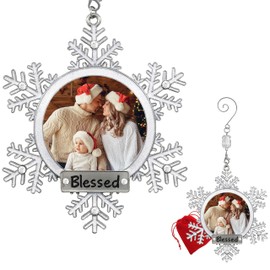 FamiworthsChristmas Photo Ornament - Glittered White Snowflake with Clear Rhinestone Accents and Blessed Engraved on The Bottom - Includes a S-Hook for Xmas Tree - Gift/Storage Bag Included
