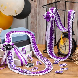 Hotop Grad Leis Class of 2025 Graduation Ribbon Double Braided Necklace Handmade Congrats Graduates Money Leis(Purple, White,1 Pcs)