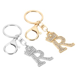 [PATIKIL] Initial Letter Key Chain 2pcs Letter R Crown Desert Charm Crystal Diamond Decorated Bag Backpack DIY Craft Decorative Alphabet Pendant Golden Color Silver